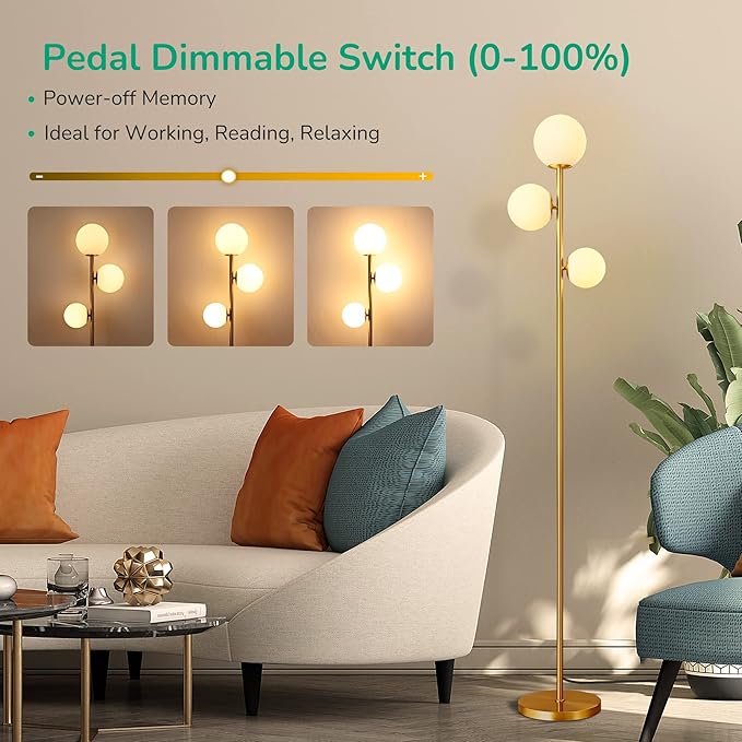 EDISHINE 69in Gold Modern Floor Lamp for Living Room, Upgraded Dimmable 3 Globe Mid Century Standing Lamps, Built-in LED, Frosted Glass Shade, Luna Tall Pole Lamp for Bedroom, Hotel -Antique Brass - LeafyLoom