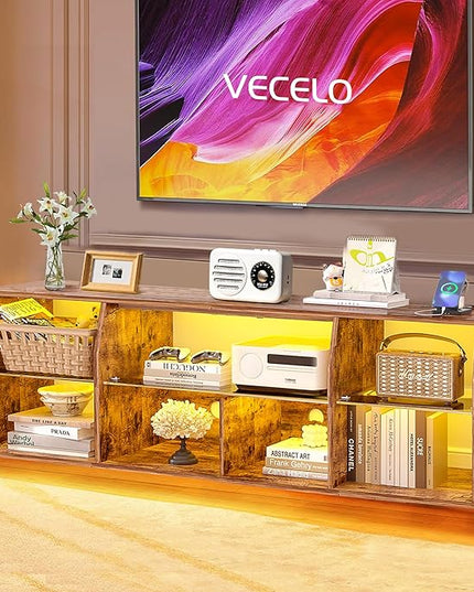 VECELO LED Gaming TV Stand with Power Outlets Television Cabinet with 7 Open Storage Shelves, Industrial Entertainment Center for Living Room and Bedroom, Retro Brown, 70inch - LeafyLoom