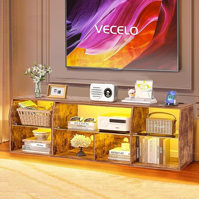 VECELO LED Gaming TV Stand with Power Outlets Television Cabinet with 7 Open Storage Shelves, Industrial Entertainment Center for Living Room and Bedroom, Retro Brown, 70inch - LeafyLoom
