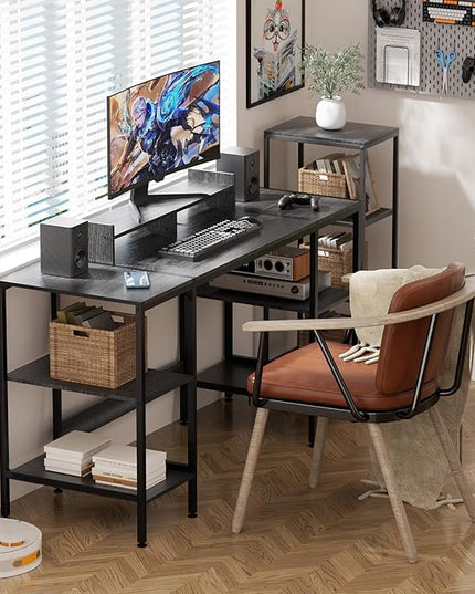 Computer Desk - 55 Inch Home Office Desk with Storage, Gaming Desk with Monitor Stand, Modern Simple Study Table, Adjustable Storage Space, Black… - LeafyLoom