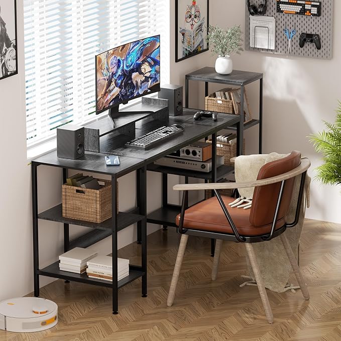 Computer Desk - 55 Inch Home Office Desk with Storage, Gaming Desk with Monitor Stand, Modern Simple Study Table, Adjustable Storage Space, Black… - LeafyLoom
