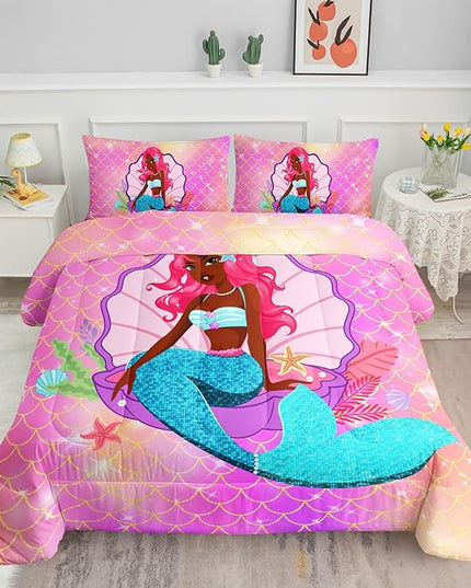 Datura home Bedding Comforter Set Black Girl Magic Mermaid Printed Pattern Quilt with 1 and 2 Pillowcases for Girls Bedroom All Season(Black Pink Queen) Queen 90x90inches - LeafyLoom
