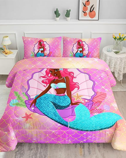 Datura home Bedding Comforter Set Black Girl Magic Mermaid Printed Pattern Quilt with 1 and 2 Pillowcases for Girls Bedroom All Season(Black Pink Full) Full 80x90inches - LeafyLoom