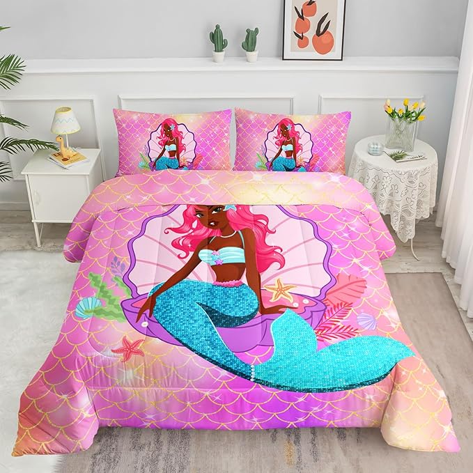 Datura home Bedding Comforter Set Black Girl Magic Mermaid Printed Pattern Quilt with 1 and 2 Pillowcases for Girls Bedroom All Season(Black Pink Twin) Twin 68x86inches - LeafyLoom