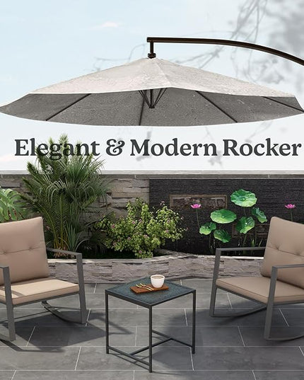 3 Piece Rocking Bistro Set - Synthetic Wicker Outdoor Furniture - Glass Coffee Table with 2 Chairs for Balcony, Patio & Porch - Black Metal, Soft Cushions (Coffee) - LeafyLoom