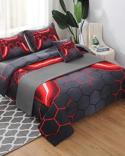 JQinHome Twin Gamer Comforter Set for Boys Girls Kids,6 Piece Bed in A Bag 3D Video Game Bedding -All Season Soft Microfiber Down Alternative Comforter Gamer Bedding Sets with Sheets （Red） - LeafyLoom