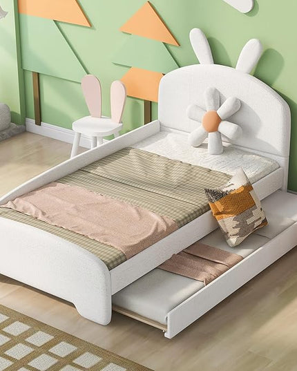 Twin Size Chenille Upholstered Platform Bed with Cartoon Ears Shaped Headboard and Twin-Size Trundle,Guardrail,Wood Bed-frame for Boys Girls,Bedroom Furniture for Children,White - LeafyLoom