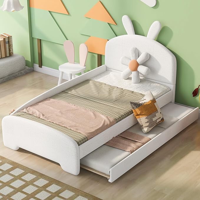 Twin Size Chenille Upholstered Platform Bed with Cartoon Ears Shaped Headboard and Twin-Size Trundle,Guardrail,Wood Bed-frame for Boys Girls,Bedroom Furniture for Children,White - LeafyLoom