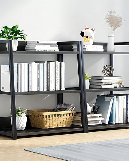 IOTXY 3 Tier Open Bookshelf - Steel and Wood Display Stand, 50CM Width Floor-Standing Bookcase, Black - LeafyLoom