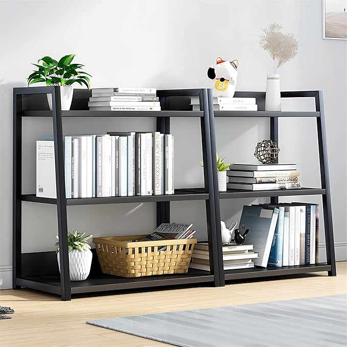 IOTXY 3 Tier Open Bookshelf - Steel and Wood Display Stand, 50CM Width Floor-Standing Bookcase, Black - LeafyLoom
