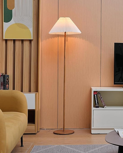 Globe Electric 61000053 62" Floor Lamp, Faux Wood Finish, Pleated Fabric Shade, Flat Base, Pull Chain Switch on Socket, Reading Lamp, Home Office Accessories, Home Décor, Home Improvement - LeafyLoom