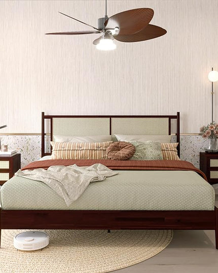Bme Oliver King Bed Frame and Headboard - 15-Inch Signature Design with Rattan Headboard, Bohemian and Mid Century Style, 12-Slat Wood Support, No Box Spring Needed - Easy Assembly, Walnut - LeafyLoom