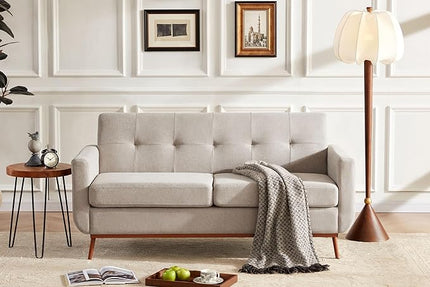 65" Loveseat Sofa, Mid Century Modern Love Seat Couches for Living Room, Comfy Upholstered Sofa Couch for Bedroom(Linen-Light Grey) - LeafyLoom