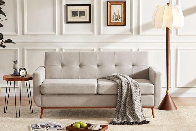 65" Loveseat Sofa, Mid Century Modern Love Seat Couches for Living Room, Comfy Upholstered Sofa Couch for Bedroom(Linen-Light Grey) - LeafyLoom