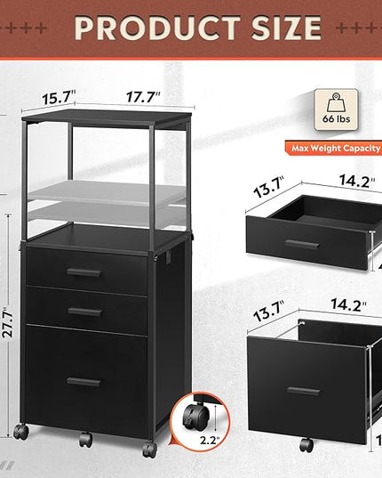 DEVAISE File Cabinet with Storage Drawers, Rolling Printer Stand with Adjustable Shelves, Wood Filing Cabinet for Home Office, Black - LeafyLoom