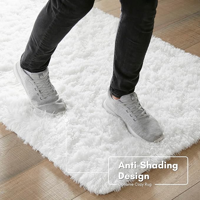 Ophanie Machine Washable 3 x 5 Feet White Rugs for Bedroom Fluffy, Shaggy Bedside Floor Dorm Area Rug, Soft Fuzzy Non-Slip Indoor Room Carpet for Kids Boys Girls Teen Home Decor Aesthetic, Nursery - LeafyLoom