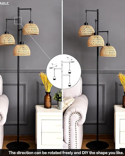 Floor Lamp for Living Room,Bedroom,3-Lights Boho Rattan Floor Lamps,Tree Farmhouse Industrial Black Standing Lamp Wicker Rustic Tall Lamp,Woven Bamboo LampShade Floor Light Bohemian - LeafyLoom