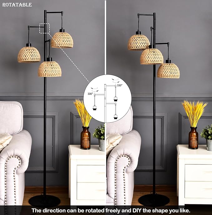 Floor Lamp for Living Room,Bedroom,3-Lights Boho Rattan Floor Lamps,Tree Farmhouse Industrial Black Standing Lamp Wicker Rustic Tall Lamp,Woven Bamboo LampShade Floor Light Bohemian - LeafyLoom
