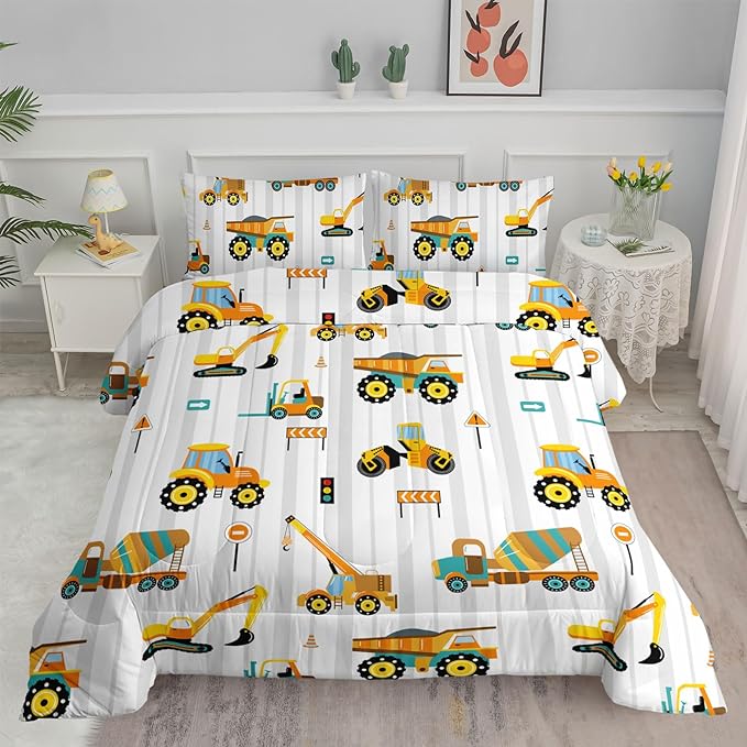 Axolotl Yellow Excavator Comforter Set Twin Size,Cartoon Excavator Bedding Set,Kids Machinery Truck Comforte Set,White Stripe Bedding Vehicle Car Decor for Kids Boys Teens,1 Quilt 2 Pillowcases - LeafyLoom
