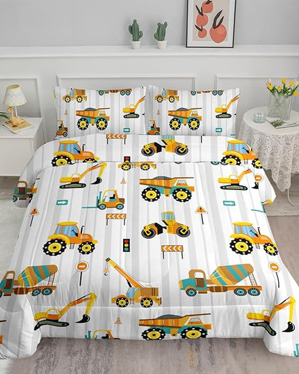 Axolotl Yellow Excavator Comforter Set Full Size,Cartoon Excavator Bedding Set,Kids Machinery Truck Comforte Set,White Stripe Bedding Vehicle Car Decor for Kids Boys Teens,1 Quilt 2 Pillowcases - LeafyLoom