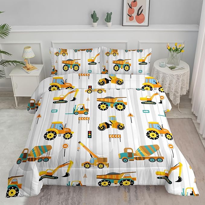 Axolotl Yellow Excavator Comforter Set Full Size,Cartoon Excavator Bedding Set,Kids Machinery Truck Comforte Set,White Stripe Bedding Vehicle Car Decor for Kids Boys Teens,1 Quilt 2 Pillowcases - LeafyLoom
