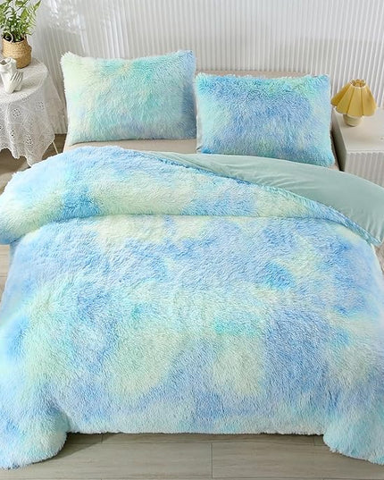 WINLIFE Shaggy Bedding Comforter Set Faux Fur Flannel Furry Comforter Microfiber Long Hair Fluffy Plush Comforter Sets Gradient Ombre Blue Aqua Teal Bedding for Girls Adults (3Pcs, Queen, Mint Green) - LeafyLoom