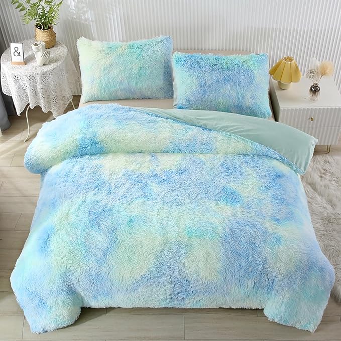 WINLIFE Shaggy Bedding Comforter Set Faux Fur Flannel Furry Comforter Microfiber Long Hair Fluffy Plush Comforter Sets Gradient Ombre Blue Aqua Teal Bedding for Girls Adults (3Pcs, Queen, Mint Green) - LeafyLoom