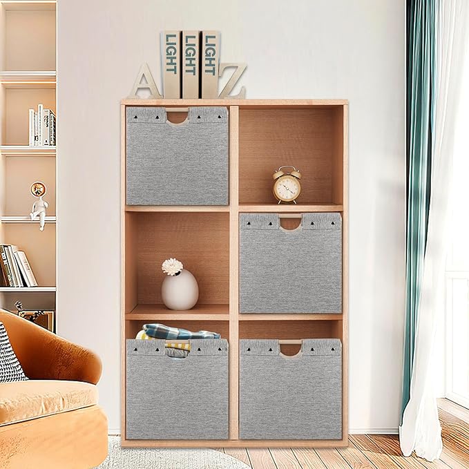 13x13x13 Inches Collapsible Storage Cubes, 4 Pack Fabric Bins with Wooden Handles for Kallax Shelves, Closet, Cabinet, Bookcase, Home Organizer Boxes for Decor and Laundry (Beige) - LeafyLoom
