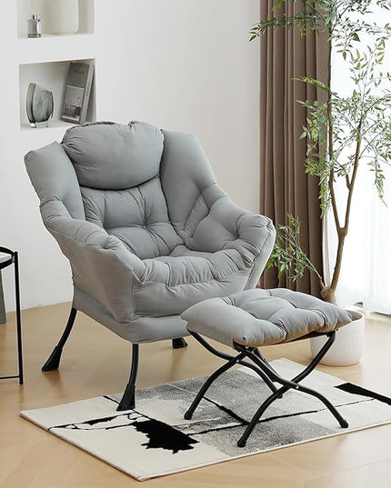 Lazy Chair with Ottoman, Modern Chair with Folding Footrest, Lounge Accent Chair, Comfortable Reading Chair (Peach Light Grey) - LeafyLoom