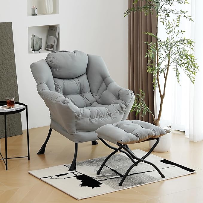 Lazy Chair with Ottoman, Modern Chair with Folding Footrest, Lounge Accent Chair, Comfortable Reading Chair (Peach Light Grey) - LeafyLoom