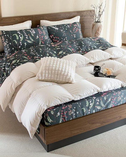 QSH Floral Egyptian Cotton Sheets Queen Size - Elegant Navy Botanical Pattern Printed Bedding Sheets Queen Size Bed Extra Soft and Breathable 4pcs Deep Pockets Bed Sheets - LeafyLoom