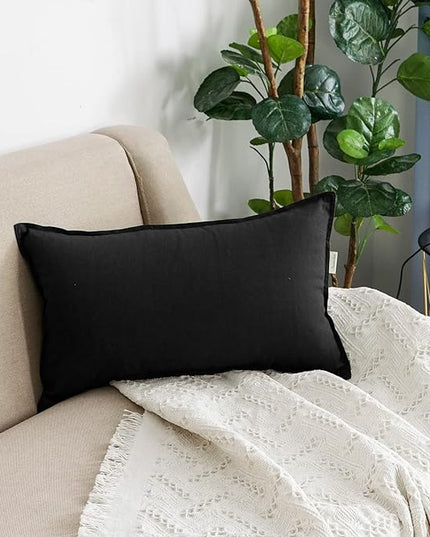 Jeanerlor Natural Cotton Linen Green Decorative 12"x20" Throw Pillow Case Cushion Cover with Twin Needles Stitch on Edge for Lumbar, (30 x 50cm), 2 Pcs, Black - LeafyLoom