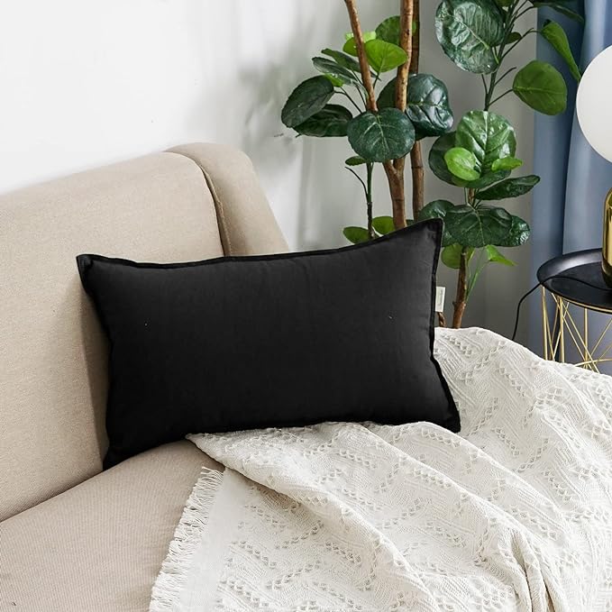 Jeanerlor Natural Cotton Linen Green Decorative 12"x20" Throw Pillow Case Cushion Cover with Twin Needles Stitch on Edge for Lumbar, (30 x 50cm), 2 Pcs, Black - LeafyLoom