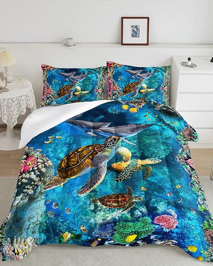 CVHOUSE Sea Turtle Comforter Set,Ocean Sea Turtle Bedding Set for Kids Teens,Ocean Sea Turtle Comforter Sea Turtle Duvet Set Room Decor Quilt Set Full Size - LeafyLoom