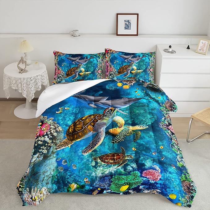 CVHOUSE Sea Turtle Comforter Set,Ocean Sea Turtle Bedding Set for Kids Teens,Ocean Sea Turtle Comforter Sea Turtle Duvet Set Room Decor Quilt Set Full Size - LeafyLoom
