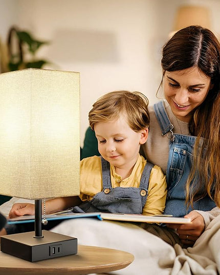 Table Lamp for Bedroom with USB A Port and C Port, Grey Bedside Lamp Night Stand Light Lamp with Square Fabric Shade, Small Lamp for Boys, with LED Bulb - LeafyLoom