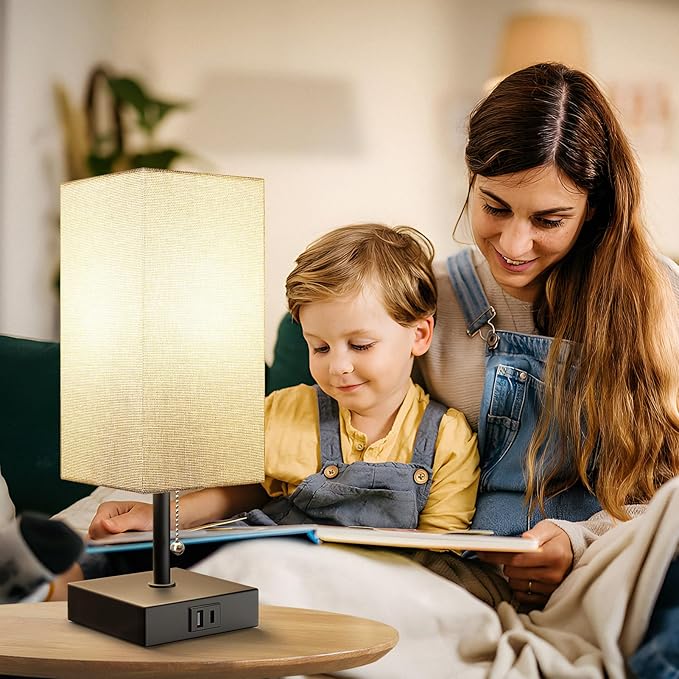 Table Lamp for Bedroom with USB A Port and C Port, Grey Bedside Lamp Night Stand Light Lamp with Square Fabric Shade, Small Lamp for Boys, with LED Bulb - LeafyLoom