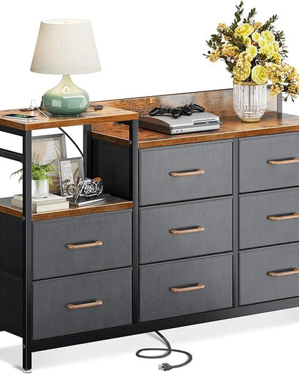 ODK Dresser with Charging Station, 52-Inch Long Dresser TV Stand for Bedroom, Large Dresser with 8 Storage Drawers, Chest of Drawers Easy-Pull Fabric Dressers for Living Room, Vintage and Dark Grey - LeafyLoom