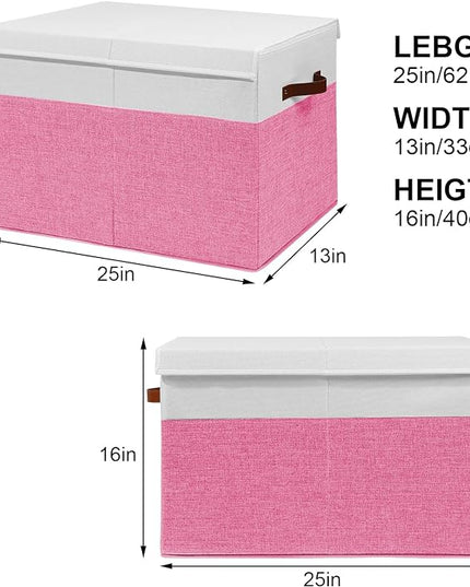 Large Toy Storage Box with Lid, Sturdy Toys Storage Chest Bin Organizer Basket with Dividers for Kids, Boys, Girls, Nursery, Closet, Bedroom, Playroom 25"x13" x16" (Pink and White) - LeafyLoom