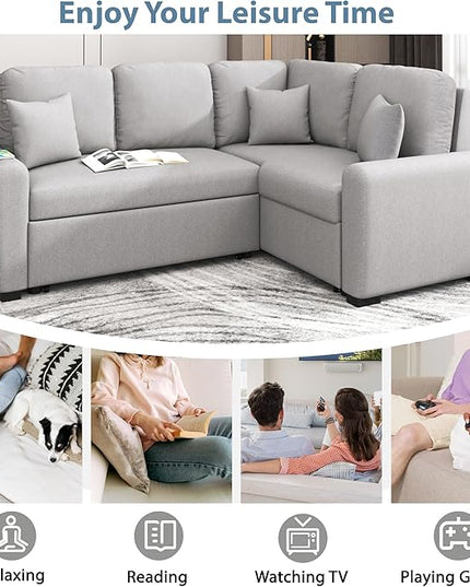 87.4" L-Shape Sectional Sleeper Sofa with Chaise &Pull-out Bed, Chenille Upholstered Couch w/USB Ports, Power Sockets and 3 Pillows, for Living Room, Apartment, 87.4 Inch, Gray - LeafyLoom