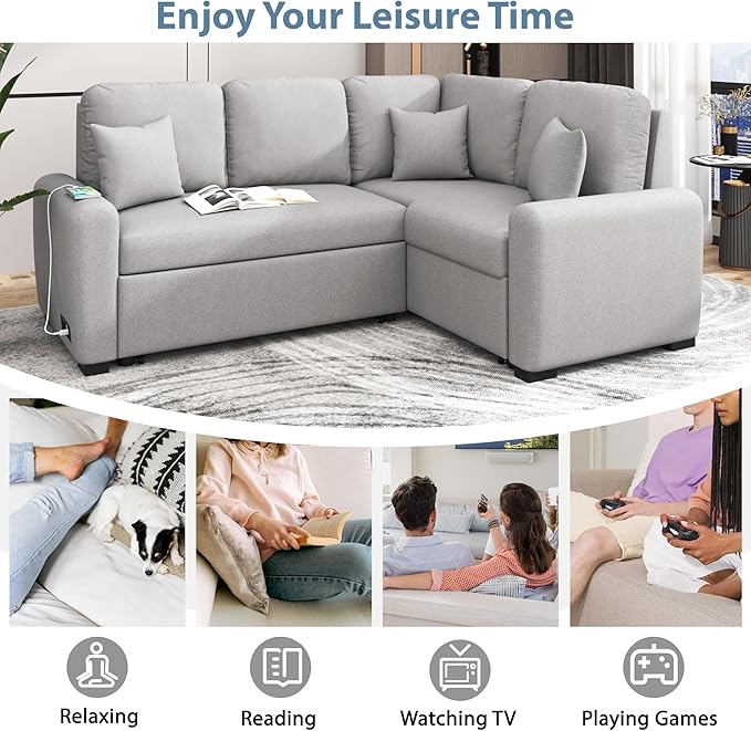 87.4" L-Shape Sectional Sleeper Sofa with Chaise &Pull-out Bed, Chenille Upholstered Couch w/USB Ports, Power Sockets and 3 Pillows, for Living Room, Apartment, 87.4 Inch, Gray - LeafyLoom