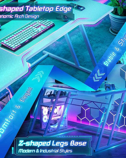 55'' White Gaming Desk with Hutch and LED Lights, Gaming Computer Desk with Storage Shelves & Z-Shaped Legs, Reversible PC Gaming Desk with Pegboard, Ergonomic Desk for Bedroom, Carbon Fiber Surface - LeafyLoom