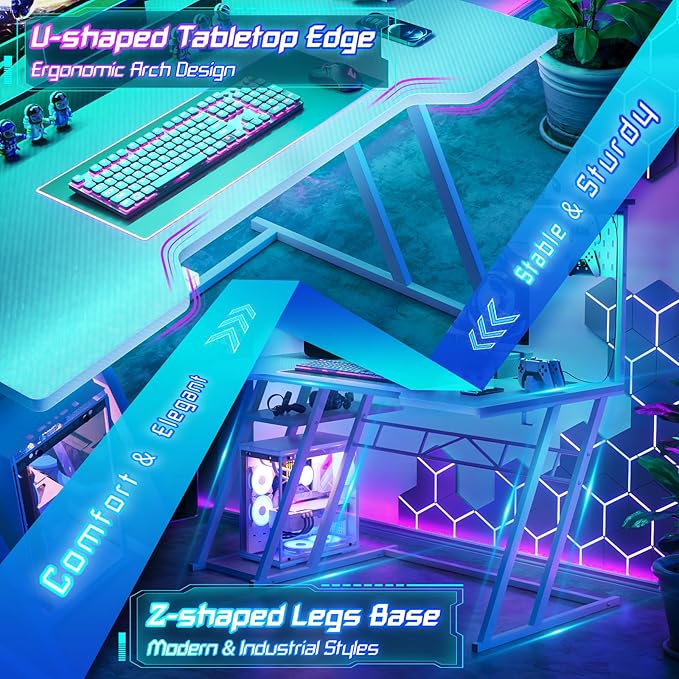 55'' White Gaming Desk with Hutch and LED Lights, Gaming Computer Desk with Storage Shelves & Z-Shaped Legs, Reversible PC Gaming Desk with Pegboard, Ergonomic Desk for Bedroom, Carbon Fiber Surface - LeafyLoom