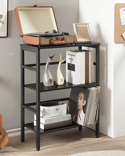 HOOBRO 3 Tier Bookshelf, Industrial Bookcase, Record Storage Rack with Side Fence, Wood Storage Shelf with Metal Frame, Rustic Open Display Shelf for Living Room, Bedroom, Black BB86CJ01 - LeafyLoom