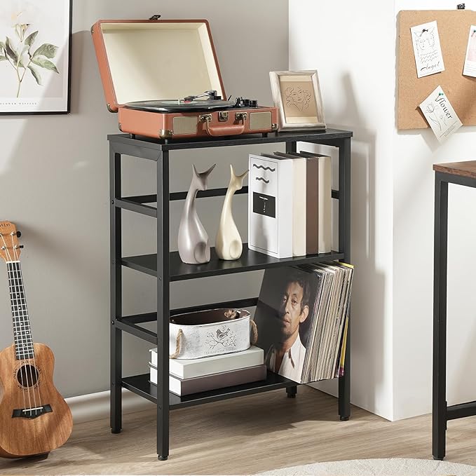 HOOBRO 3 Tier Bookshelf, Industrial Bookcase, Record Storage Rack with Side Fence, Wood Storage Shelf with Metal Frame, Rustic Open Display Shelf for Living Room, Bedroom, Black BB86CJ01 - LeafyLoom