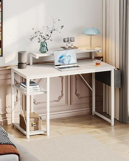 KKL 40 inch Small Computer Desk with Adjustable Monitor Stand, Home Office Desk & Workstation with Storage Shelves, Reversible Work Writing Study Table for Bedroom, White - LeafyLoom