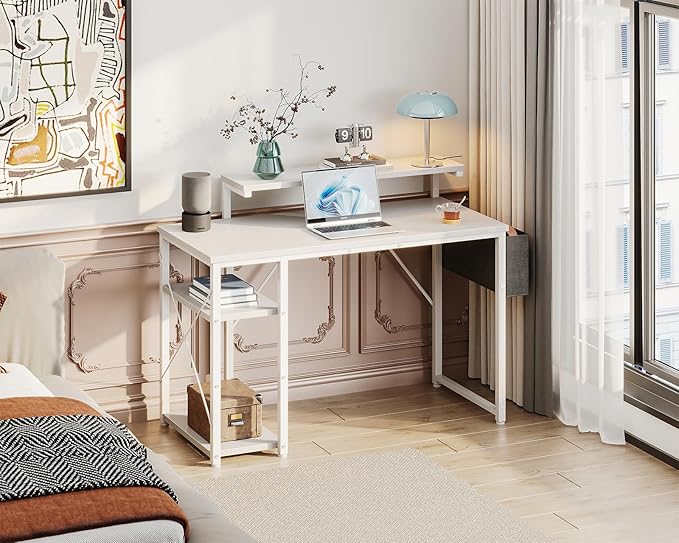 KKL 40 inch Small Computer Desk with Adjustable Monitor Stand, Home Office Desk & Workstation with Storage Shelves, Reversible Work Writing Study Table for Bedroom, White - LeafyLoom