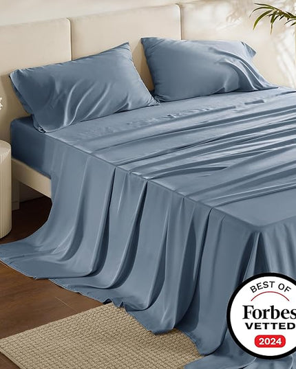 Bedsure Queen Sheets, Rayon Derived from Bamboo, Queen Cooling Sheet Set, Deep Pocket Up to 16", Breathable & Soft Bed Sheets, Hotel Luxury Silky Bedding Sheets & Pillowcases, Mineral Blue - LeafyLoom