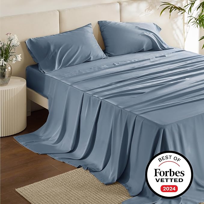 Bedsure Queen Sheets, Rayon Derived from Bamboo, Queen Cooling Sheet Set, Deep Pocket Up to 16", Breathable & Soft Bed Sheets, Hotel Luxury Silky Bedding Sheets & Pillowcases, Mineral Blue - LeafyLoom