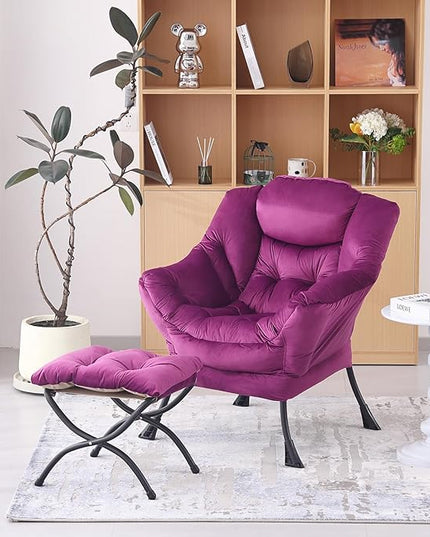 Welnow Lazy Chair with Ottoman, Modern Lounge Accent Chair with Armrests and a Side Pocket, Leisure Sofa Chair Set, Reading Chair with Footrest for Small Space, Corner Chair, Dark Purple - LeafyLoom